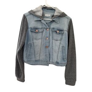 Ci Sono Denim Collection light wash jean jacket with gray removable hood